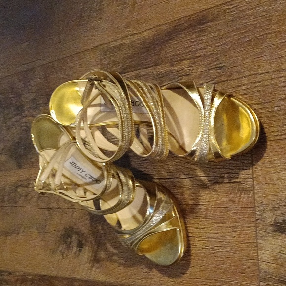 Jimmy Choo Metallic Gold Leather and Coarse Glitter Cage Open Toe Sandals 😘 - Picture 1 of 12